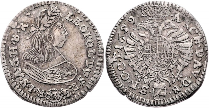 Leopold I. 1657 - 1705
 XV Kreuzer 1659 seltene Var., Kartusche gepunktet. Wien...