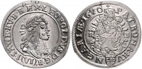Leopold I. 1657 - 1705
 VI Kreuzer 1670 KB Kopf breit. Kremnitz. 3,23g. Her. 1244 var. stgl