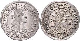 Leopold I. 1657 - 1705
 3 Kreuzer 1667 aus 1666 KB Kremnitz. 1,54g. Her. 1589 var. stgl