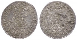 Leopold I. 1657 - 1705
 3 Kreuzer 1697 GE Prag. 1,45g. Her. 1464 f.stgl
