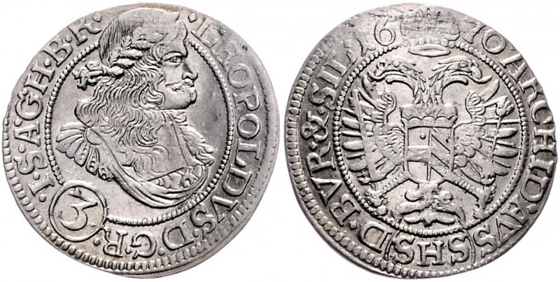 Leopold I. 1657 - 1705
 3 Kreuzer 1670 SHS G.R.(3).I.S. Breslau. 1,58g. Her. 15...