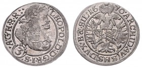 Leopold I. 1657 - 1705
 3 Kreuzer 1670 SHS mit SIL. Breslau. 1,76g. Schrötlingsfehler im Avers. Her.1539 var. stgl