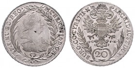 Maria Theresia 1740 - 1780
 20 Kreuzer 1777 IC-FA Wien. 6,68g. Schrötlingsfehler im Avers. Her. 859 vz/stgl