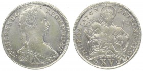Maria Theresia 1740 - 1780
 XV Kreuzer 1743 KB Kremnitz. 6,27g. leichte Prägeschwäche. Her. 1109, Eyp. 247 ss/vz