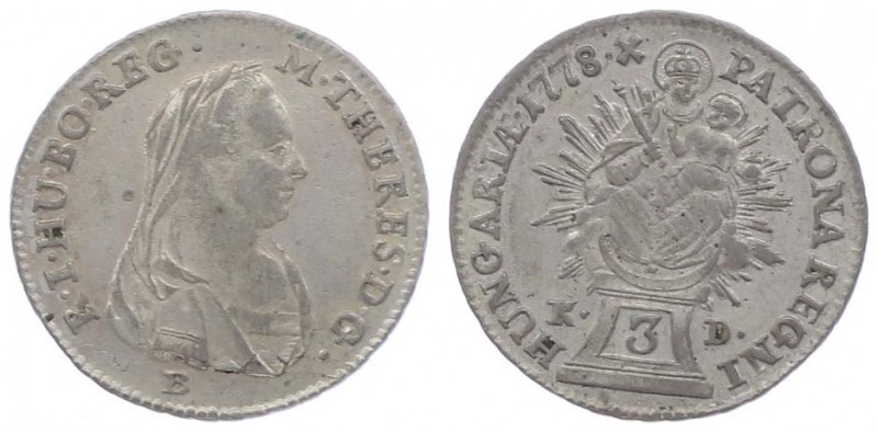 Maria Theresia 1740 - 1780
 3 Kreuzer 1778 B // KD Kremnitz. 1,67g. Her. 1421 s...