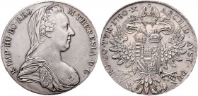 Maria Theresia 1740 - 1780
 Taler 1780 IC-FA Wien. 27,93g. min. justiert. Hafner 15a, Her. 437 var., Eyp. 190a vz
