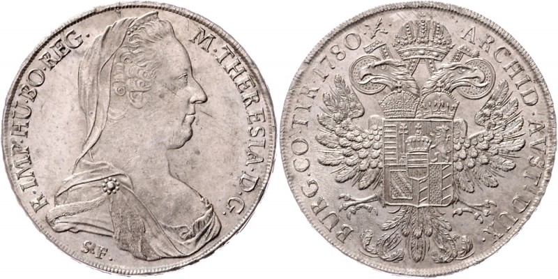 Maria Theresia 1740 - 1780
 Taler 1780 S.F. Wappen halbrund. Venedig. 28,03g. H...