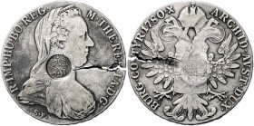 Maria Theresia 1740 - 1780
 Taler 1780 S.F. mit Kontermarke LM (Lorenzo Marquis). 27,74g. Stempelsprung ss