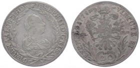 Joseph II. als Mittregent 1765 - 1780
 20 Kreuzer 1778 B/Sk-PD Kremnitz. 6,69g. Her. 207 ss+