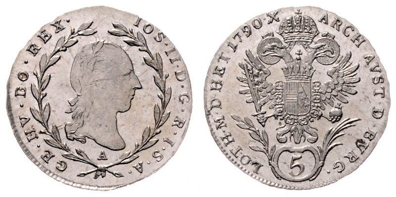 Joseph II. als Alleinregent 1780 - 1790
 5 Kreuzer 1790 A Wien. 2,22g. Her. 338...