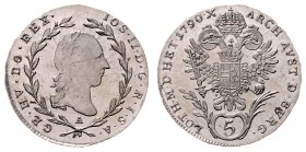 Joseph II. als Alleinregent 1780 - 1790
 5 Kreuzer 1790 A Wien. 2,22g. Her. 338 stgl