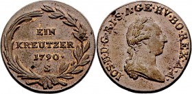 Joseph II. als Alleinregent 1780 - 1790
 1 Kreuzer 1790 S Schmöllnitz. 8,02g. Her. 418 stgl
