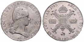 Franz II. 1792 - 1806
 Kronentaler 1793 A Wien. 29,52g. fleckige Patina, berieben. Her. 463 vz/stgl