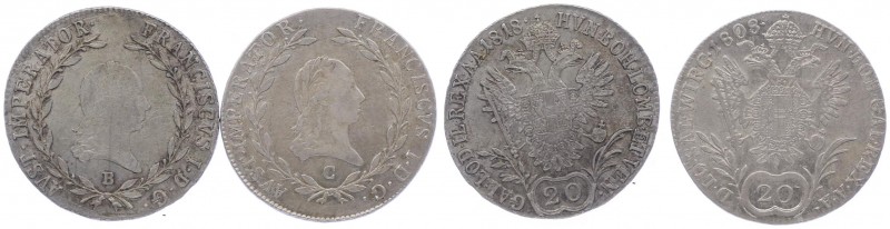 Franz II. 1792 - 1806
 2x 20 Kreuzer 1808 C / 1818 B 2 Stück. Prag/Kremnitz. 6,...