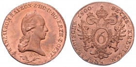 Franz II. 1792 - 1806
 6 Kreuzer 1800 S geprägt auf 3 Kreuzer Ronde 1799 mit ca. 3 g Übergewicht. Schmöllnitz. 14,61g. Her. 1052, KM 2128 stgl