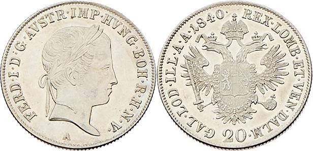 Ferdinand I. 1835 - 1848
 20 Kreuzer 1840 A Wien. 6,69g. Fr. 809 stgl