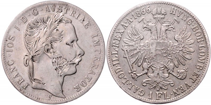 Franz Joseph I. 1848 - 1916
 Gulden 1866 V Venedig. 12,32g. Portrait nachgravie...