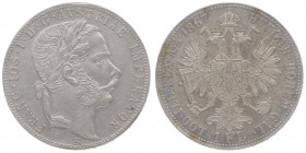 Franz Joseph I. 1848 - 1916
 Gulden 1867 B Kremnitz. 12,36g. Fr. 1485 vz/stgl