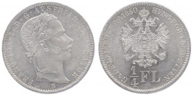 Franz Joseph I. 1848 - 1916
 1/4 Gulden 1860 B Kremnitz. 5,31g. Fr. 1530 stgl