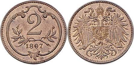 Franz Joseph I. 1848 - 1916
 2 Heller 1897 Wien. 3,32g. Fr. 2013 stgl