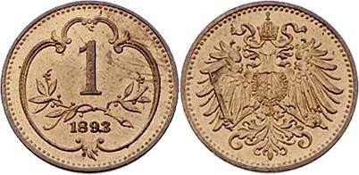 Franz Joseph I. 1848 - 1916
 1 Heller 1893 Wien. 1,66g. Fr. 2034 stgl