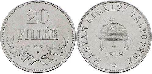 Karl I. 1916 - 1918
 20 Filler 1918 KB Offizielle Nachprägung / Restrike. Kremn...