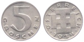 1. Republik 1918 - 1933 - 1938
 5 Groschen 1934 Wien vz/stgl