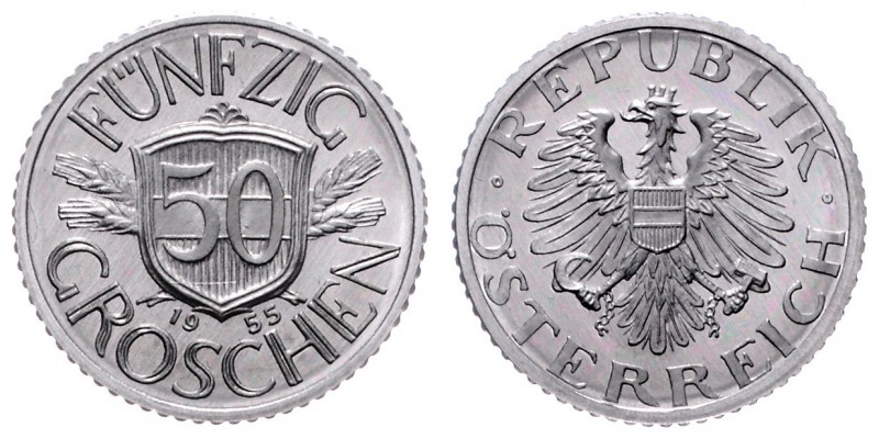 2. Republik 1945 - heute
 50 Groschen 1955 Wien. 1,31g. Her. 73 PP