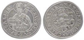Salzburg - Erzbistum Max Gandolph Graf Kuenburg 1668 - 1687
 3 Kreuzer 1681 Salzburg. 1,77g. HZ 2031 stgl