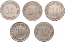 Deutschland II. Deutsches Kaiserreich 1871 - 1918
 Lot 5 Stück, 10 Pfennige. a. ca 4,00g. ab 1875 H. J. 4 ss
