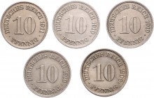 Deutschland II. Deutsches Kaiserreich 1871 - 1918
 Lot 5 Stück, 10 Pfennige. a. ca 4,00g. ab 1906. J. 4 ss-vz