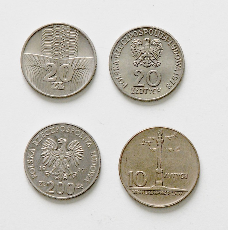 Polen
 Lot 4 Stück, 20 Zlotych 1965,73,78 und 200 Zlotych 1987 Probe, KM 55,67,...