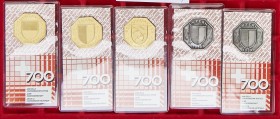 Schweiz
 Lot 5 Stück Städte - Medaillen, verschweißt, 0,999 Ag, 3x vergoldet, ohne Tablett stgl
