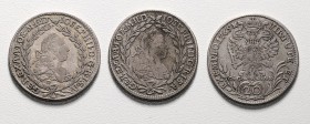 Römisch Deutsches Reich - Habsburgische Erb- und Kronlande Joseph II. als Mitregent 1765 - 1780
 Lot 3 Stück 20 Kreuzer. 1769, 1771 (2x) D. Graz f.ss...