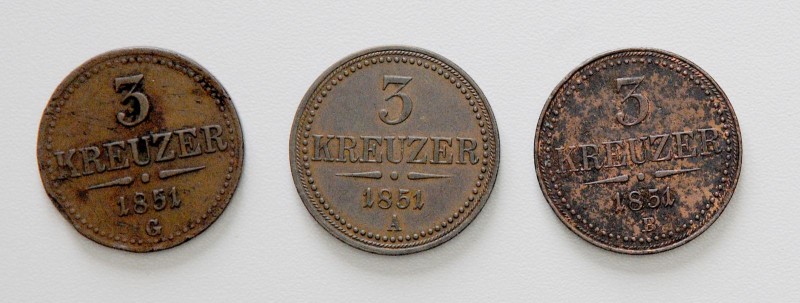 Kaisertum Österreich Franz Joseph I. 1848 - 1916
 Lot 3 Stück 3 Kreuzer 1851 A ...