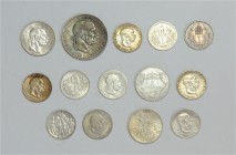 Kaisertum Österreich 1804 - 1918 Franz Joseph I. 1848 - 1916
 Lot 14 Stück diverse Kronen, 10x1 Krone, 3x 2 Kronen, 1x 5 Kronen. ss - vz