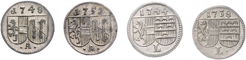 Münzen Geistlichkeit Erzbistum Salzburg
 Lot 4 Stück. Pfennig 1738, 1744, 1748,...