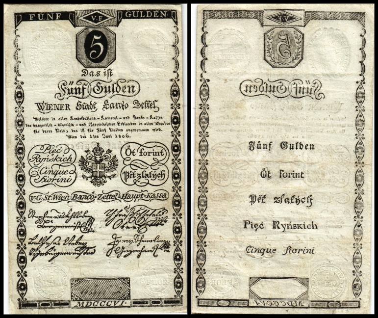 Wiener Stadt Banco (Gulden)
 5 Gulden 1.6.1806, Richter-39, K&K-41a II/III