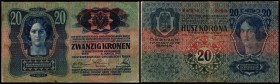 Aufdruck Deutschösterreich (altes Datum) 1920
 20 Kronen 2.1.1913, DÖ mittig auf Wappen, rare, Richter-179b, K&K-136a IV+