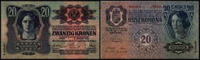 Aufdruck Deutschösterreich (altes Datum) 1920
 Lot 4 Stück, 2x20(DÖ 1x nach links verschoben) 2x20II. Kronen, Richter-179a,180a,b, K&K-136b,137a,b II...