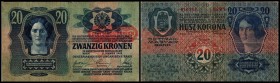 Aufdruck Deutschösterreich (altes Datum) 1920
 Lot 5 Stück, 3x20, 2x100 Kronen (DÖ verschoben) zu Richter-179a, K&K-136b III/III-