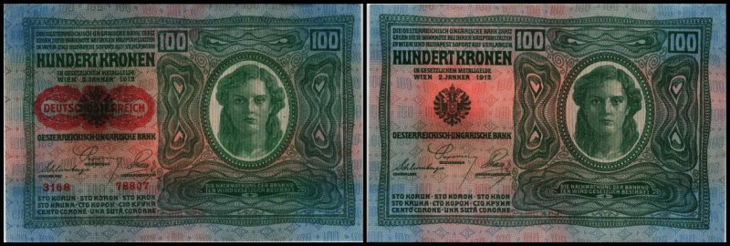 Aufdruck Deutschösterreich (altes Datum) 1920
 Lot 2 Stück, 100 Kronen 1912, P....