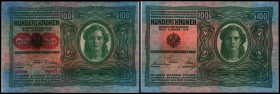 Aufdruck Deutschösterreich (altes Datum) 1920
 Lot 2 Stück, 100 Kronen 1912, P.-dick, DÖ rot/orange, Richter-185a, K&K-144a,b I