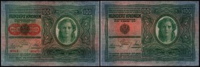Aufdruck Deutschösterreich (altes Datum) 1920
 Lot 2 Stück, 100 Kronen 1912, P.-dünn, DÖ rot/orange, Richter-185b, K&K-144c I