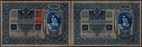 Aufdruck Deutschösterreich (altes Datum) 1920
 Lot 3 Stück, 1000 Kronen 1902, DÖ rot/orange, zu Richter-186, K&K-145a,c,d I/III