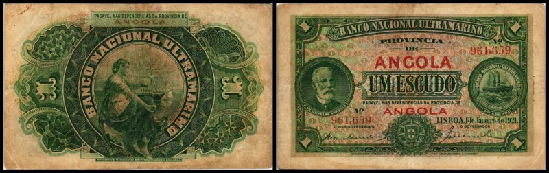 Banco Nacional Ultramarino
 1 Escudo 1.1.1921, P-55, fleckig, Heftl. am re. Ran...