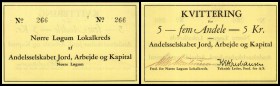 Prägedruck der Fa. Waldorff Emballage
 Serie von 5 versch. Scheinen, ca. 1930er Jahre Andele Jord, Arbejde og Kapital I-III