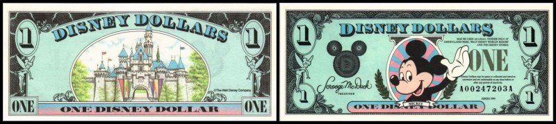 1 $ 1990/A, Mickey n. li., Burg, gültig Disneyland-Park, -World, Resort u. Store...