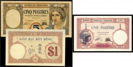 Banque de L`Indochine
 Lot 2 Stück, 1(no ph), 5 Piaster (ph) (1927/31, Sign.7) P48b, 49b I/II
