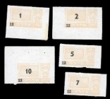 Militärgeld 1964/69 (perf. Kupons aus Markenheftchen ca. 40 x 20 mm)
 1, 2, 5, 7, 10 Udr. gelbbraun, KN 13 1) ohne Währungsangabe, eingedruckte Kennn...